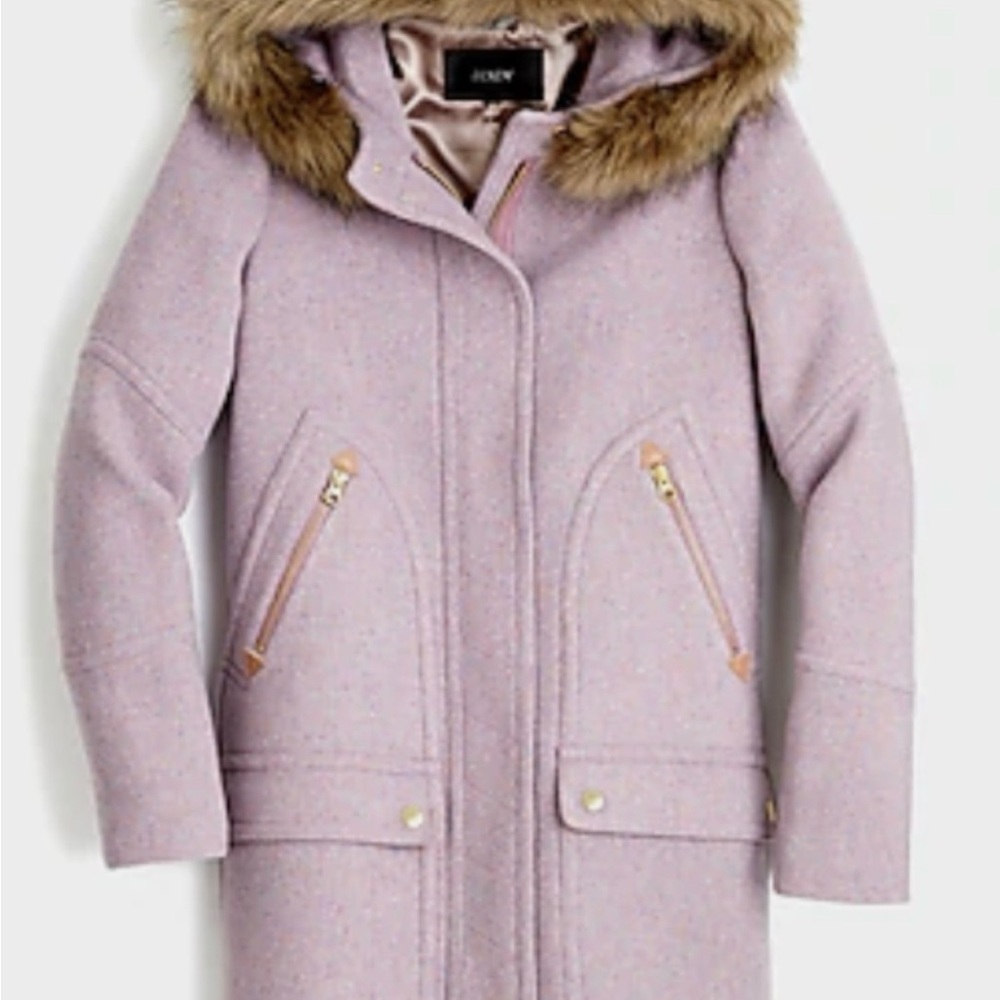 J. Crew Frosted Lilac Chateau Stadium coat with Faux Fur Trim
